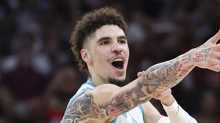 Oct 23, 2024; Houston, Texas, USA; Charlotte Hornets guard LaMelo Ball (1) celebrates after scoring during the game against the Houston Rockets at Toyota Center. Mandatory Credit: Troy Taormina-Imagn Images Oct 23, 2024; Houston, Texas, USA; Charlotte Hornets guard LaMelo Ball (1) celebrates after scoring during the game against the Houston Rockets at Toyota Center. Mandatory Credit: Troy Taormina-Imagn Images