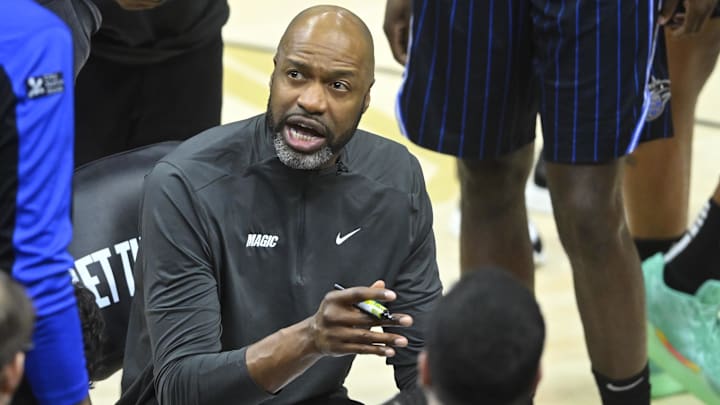 Orlando Magic head coach Jamahl Mosley talks to his team during a timeout in the third quarter against the Cleveland Cavaliers at Rocket Arena. 