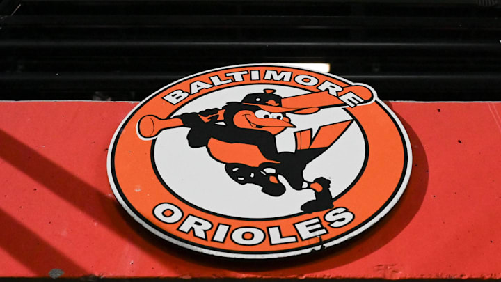 Sep 30, 2023; Baltimore, Maryland, USA; A detailed view of a Baltimore Orioles logo in the stands during the game against the Boston Red Sox  at Oriole Park at Camden Yards. Mandatory Credit: Tommy Gilligan-Imagn Images