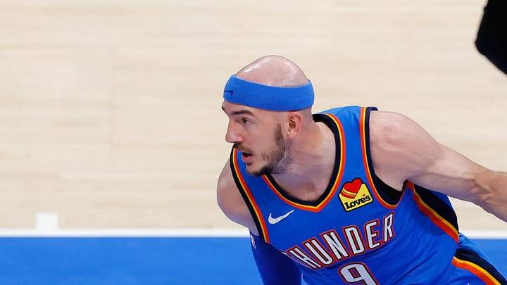 May 18, 2026; Oklahoma City, Oklahoma, USA; Oklahoma City Thunder guard Alex Caruso (9) moves the ball in the fourth quarter against the San Antonio Spurs during game one of the western conference finals for the 2026 NBA playoffs at Paycom Center. Mandatory Credit: Alonzo Adams-Imagn Images May 18, 2026; Oklahoma City, Oklahoma, USA; Oklahoma City Thunder guard Alex Caruso (9) moves the ball in the fourth quarter against the San Antonio Spurs during game one of the western conference finals for the 2026 NBA playoffs at Paycom Center. Mandatory Credit: Alonzo Adams-Imagn Images