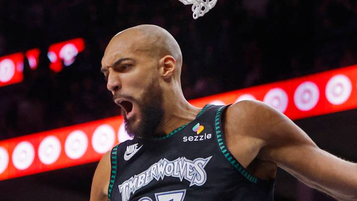 May 10, 2026; Minneapolis, Minnesota, USA; Minnesota Timberwolves center Rudy Gobert (27) dunks against the San Antonio Spurs in the fourth quarter of game four of the second round of the 2026 NBA Playoffs at Target Center. Mandatory Credit: Bruce Kluckhohn-Imagn Images