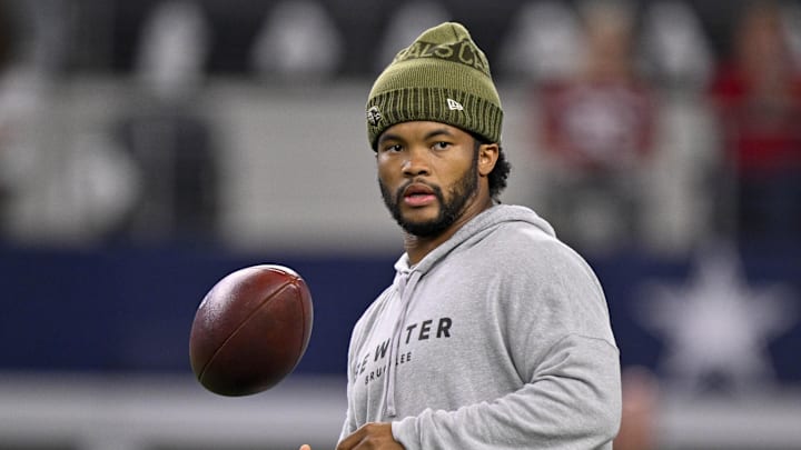 Nov 3, 2025; Arlington, Texas, USA; Arizona Cardinals quarterback Kyler Murray (1) looks on from the field before the game between the Dallas Cowboys and the Arizona Cardinals at AT&T Stadium. Mandatory Credit: Jerome Miron-Imagn Images