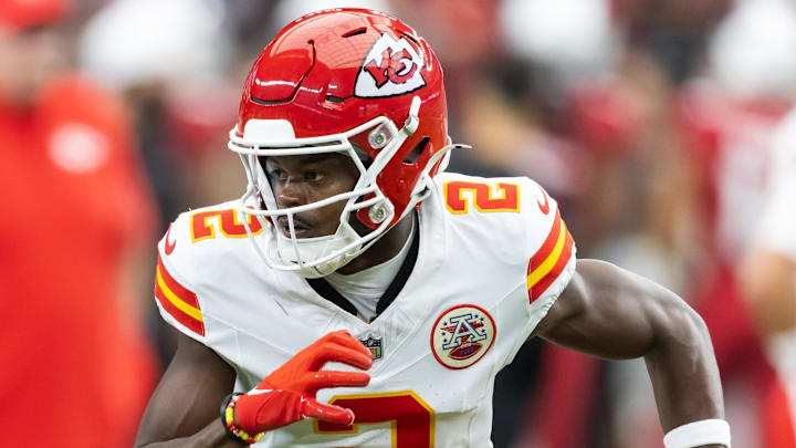 Aug 9, 2025; Glendale, Arizona, USA; Kansas City Chiefs wide receiver Tyquan Thornton (2) against the Arizona Cardinals during a preseason NFL game at State Farm Stadium. Mandatory Credit: Mark J. Rebilas-Imagn Images
