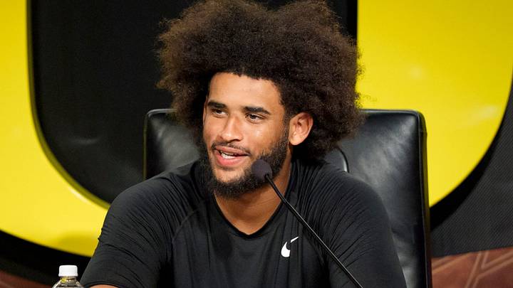 Oregon quarterback Dante Moore speaks during a press conference on Aug. 18, 2026, at the Hatfield-Dowlin Complex in Eugene, Oregon. Oregon quarterback Dante Moore speaks during a press conference on Aug. 18, 2026, at the Hatfield-Dowlin Complex in Eugene, Oregon.