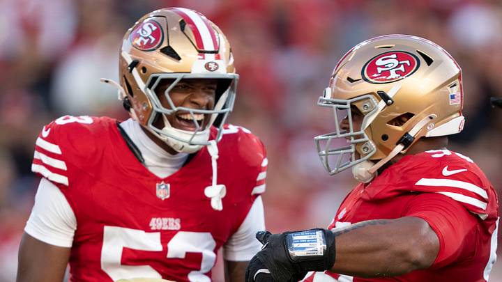 San Francisco 49ers defensive tackle Gracen Halton (93) with linebacker Jaden Dugger (53)