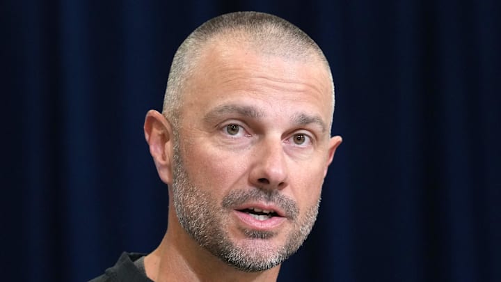 Feb 24, 2026; Indianapolis, IN, USA; Las Vegas Raiders general manager John Spytek speaks at the NFL Scouting Combine at the Indiana Convention Center. Mandatory Credit: Kirby Lee-Imagn Images