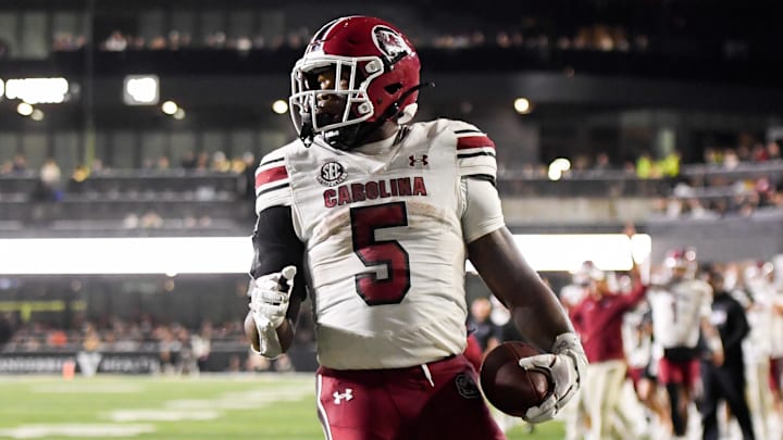 Nov 9, 2024; Nashville, Tennessee, USA;  South Carolina Gamecocks running back Raheim Sanders (5) scores a touchdown against the Vanderbilt Commodores during the second half at FirstBank Stadium. Mandatory Credit: Steve Roberts-Imagn Images