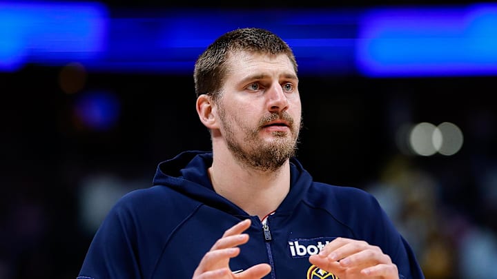 Mar 5, 2026; Denver, Colorado, USA; Denver Nuggets center Nikola Jokic (15) before the game against the Los Angeles Lakers at Ball Arena.