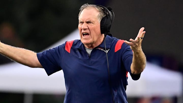Sep 10, 2023; Foxborough, Massachusetts, USA; New England Patriots head coach Bill Belichick reacts to a call on the field during the second half against the Philadelphia Eagles at Gillette Stadium. Mandatory Credit: Eric Canha-Imagn Images Sep 10, 2023; Foxborough, Massachusetts, USA; New England Patriots head coach Bill Belichick reacts to a call on the field during the second half against the Philadelphia Eagles at Gillette Stadium. Mandatory Credit: Eric Canha-Imagn Images