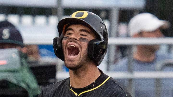 Oregon’s Angel Laya celebrates a triple against Yale in the fourth inning of the NCAA Eugene Regional Baseball Tournament game at PK Park n Eugene May 29, 2026. Oregon’s Angel Laya celebrates a triple against Yale in the fourth inning of the NCAA Eugene Regional Baseball Tournament game at PK Park n Eugene May 29, 2026.
