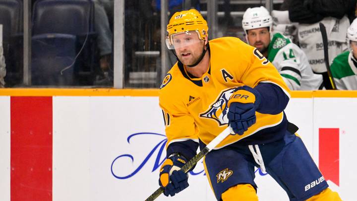 Oct 3, 2026; Nashville, Tennessee, USA;  Nashville Predators center Steven Stamkos (91) skates with the puck against the Dallas Stars during the first period at Bridgestone Arena.  Mandatory Credit: Steve Roberts-Imagn Images