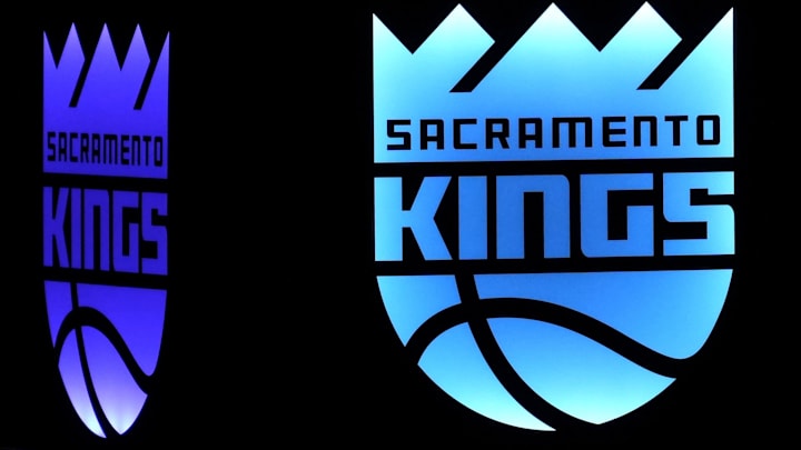 Oct 9, 2022; Sacramento, California, USA; Sacramento Kings logos are displayed at center court before the game against the Portland Trail Blazers at Golden 1 Center.