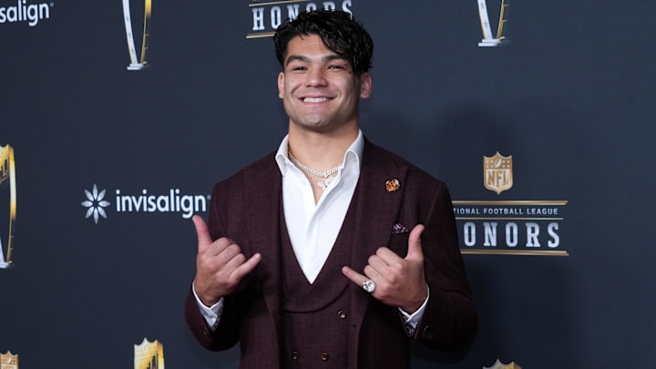 Feb 5, 2026; San Francisco, CA, USA; Los Angeles Rams receiver Puka Nacua poses on the NFL Honors Red Carpet before Super Bowl LX at Palace of Fine Arts. Mandatory Credit: Kirby Lee-Imagn Images
