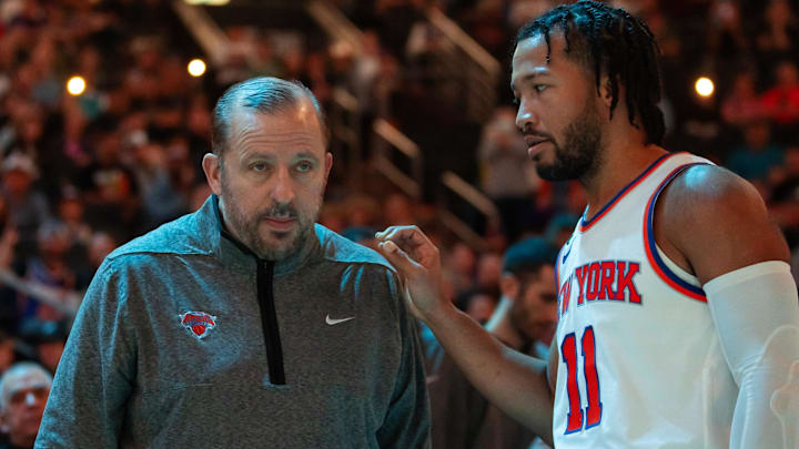 Nov 20, 2022; Phoenix, Arizona, USA; New York Knicks head coach Tom Thibodeau with guard Jalen Brunson (11) against the Phoenix Suns at Footprint Center. Mandatory Credit: Mark J. Rebilas-Imagn Images