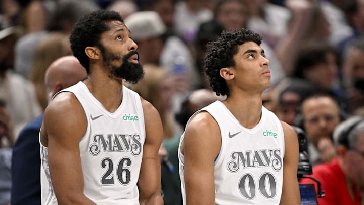 Apr 9, 2025; Dallas, Texas, USA; Dallas Mavericks guard Spencer Dinwiddie (26) and guard Max Christie (00) during the game between the Dallas Mavericks and the Los Angeles Lakers at American Airlines Center. Mandatory Credit: Jerome Miron-Imagn Images