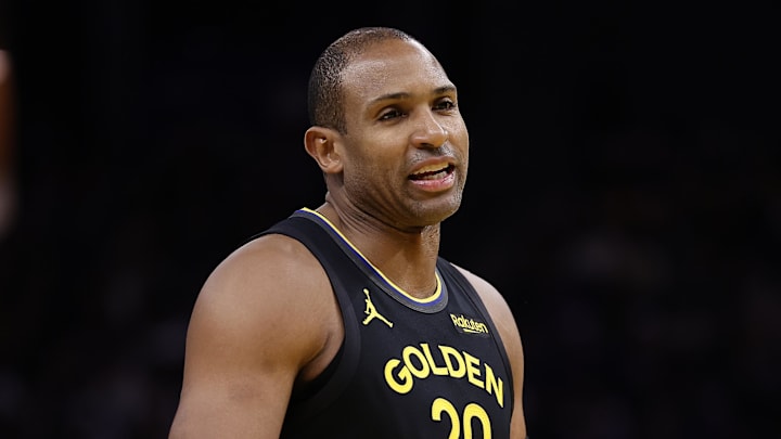 Jan 19, 2026; San Francisco, California, USA; Golden State Warriors center Al Horford (20) speaks to the referee after a play against the Miami Heat during the third quarter at Chase Center. Mandatory Credit: Kelley L Cox-Imagn Images
