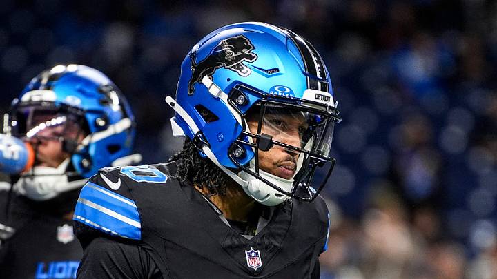 Detroit Lions cornerback Khalil Dorsey (30) warms up ahead of the New York Giants game at Ford Field in Detroit on Sunday, Nov. 23, 2025.