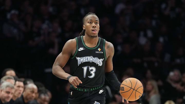 May 15, 2026; Minneapolis, Minnesota, USA; Minnesota Timberwolves guard Ayo Dosunmu (13) dribbles the ball against the San Antonio Spurs in the second during game six of the second round of the 2026 NBA Playoffs at Target Center. Mandatory Credit: Jesse Johnson-Imagn Images