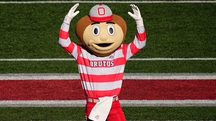 Ohio State Buckeyes mascot Brutus leads the marching band onto the field prior to the NCAA football game against the Michigan Wolverines at Ohio Stadium in Columbus on Tuesday, Dec. 3, 2024.