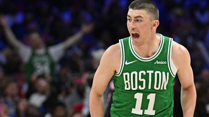 Apr 24, 2026; Philadelphia, Pennsylvania, USA; Boston Celtics guard Payton Pritchard (11) reacts after a three point basket against the Philadelphia 76ers during the second half at Xfinity Mobile Arena. Mandatory Credit: Eric Hartline-Imagn Images