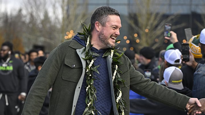 Nov 22, 2025; Eugene, Oregon, USA; Oregon Ducks head coach Dan Lanning greets fans before the game against the Southern California Trojans at Autzen Stadium. Mandatory Credit: Troy Wayrynen-Imagn Images