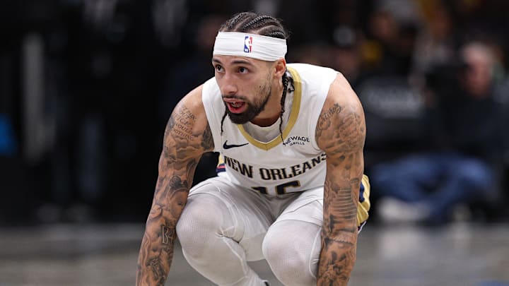Dec 6, 2025; Brooklyn, New York, USA; New Orleans Pelicans guard Jose Alvarado (15) reacts after a play during the second half against the Brooklyn Nets at Barclays Center. Mandatory Credit: Vincent Carchietta-Imagn Images