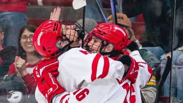 The Wisconsin women's hockey team celebrates during an 8-0 rout of Minnesota State on Oct. 26. 2025