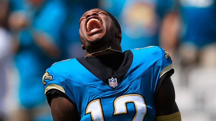 Jacksonville Jaguars wide receiver Travis Hunter (12) yells as his is introduced before an NFL football matchup at EverBank Stadium, Sunday, Sept. 21, 2025, in Jacksonville, Fla. 