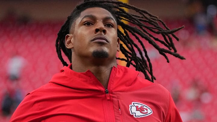 Oct 12, 2025; Kansas City, Missouri, USA; Kansas City Chiefs running back Isiah Pacheco (10) practices before the game against the Detroit Lions at GEHA Field at Arrowhead Stadium.