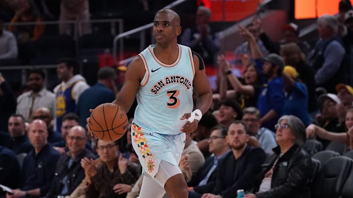Apr 9, 2025; San Francisco, California, USA; San Antonio Spurs guard Chris Paul (3) dribbles upcourt against the Golden State Warriors in the third quarter at Chase Center. Apr 9, 2025; San Francisco, California, USA; San Antonio Spurs guard Chris Paul (3) dribbles upcourt against the Golden State Warriors in the third quarter at Chase Center.