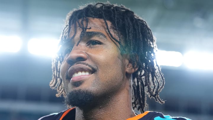 Sep 29, 2025; Miami Gardens, Florida, USA; Miami Dolphins wide receiver Jaylen Waddle (17) reacts after the game against the New York Jets at Hard Rock Stadium. Mandatory Credit: Rich Storry-Imagn Images