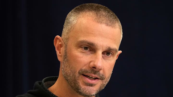 Feb 25, 2025; Indianapolis, IN, USA; Las Vegas Raiders general manager John Spytek speaks during the NFL Scouting Combine at the Indiana Convention Center. Mandatory Credit: Kirby Lee-Imagn Images Feb 25, 2025; Indianapolis, IN, USA; Las Vegas Raiders general manager John Spytek speaks during the NFL Scouting Combine at the Indiana Convention Center. Mandatory Credit: Kirby Lee-Imagn Images