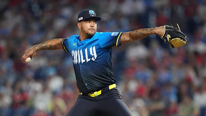 Jun 13, 2025; Philadelphia, Pennsylvania, USA; Philadelphia Phillies relief pitcher Taijuan Walker (99) throws a pitch against the Toronto Blue Jays in the ninth inning at Citizens Bank Park. Jun 13, 2025; Philadelphia, Pennsylvania, USA; Philadelphia Phillies relief pitcher Taijuan Walker (99) throws a pitch against the Toronto Blue Jays in the ninth inning at Citizens Bank Park.