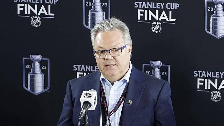 Jun 2, 2023; Las Vegas, Nevada, USA; Vegas Golden Knights general manager Kelly McCrimmon and head coach Bruce Cassidy answers questions to the press during media day in advance of the 2023 Stanley Cup Final. Mandatory Credit: Lucas Peltier-Imagn Images
