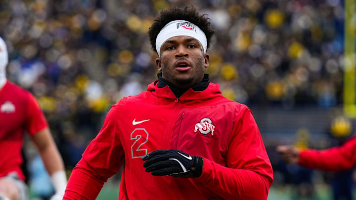 Ohio State Buckeyes defensive back Caleb Downs (2) warms-up before the game against the Michigan Wolverines at Michigan Stadium on Saturday, Nov. 29, 2025 in Ann Arbor , Michigan. Ohio State Buckeyes defensive back Caleb Downs (2) warms-up before the game against the Michigan Wolverines at Michigan Stadium on Saturday, Nov. 29, 2025 in Ann Arbor , Michigan.