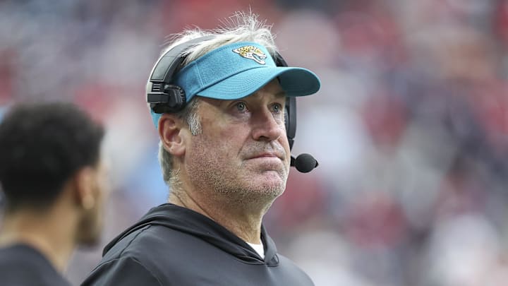 Sep 29, 2024; Houston, Texas, USA; Jacksonville Jaguars head coach Doug Pederson looks on during the fourth quarter against the Houston Texans at NRG Stadium. Mandatory Credit: Troy Taormina-Imagn Images