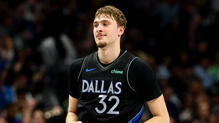 Apr 5, 2026; Dallas, Texas, USA;  Dallas Mavericks forward Cooper Flagg (32) reacts after scoring during the first half against the Los Angeles Lakers at American Airlines Center. Mandatory Credit: Kevin Jairaj-Imagn Images