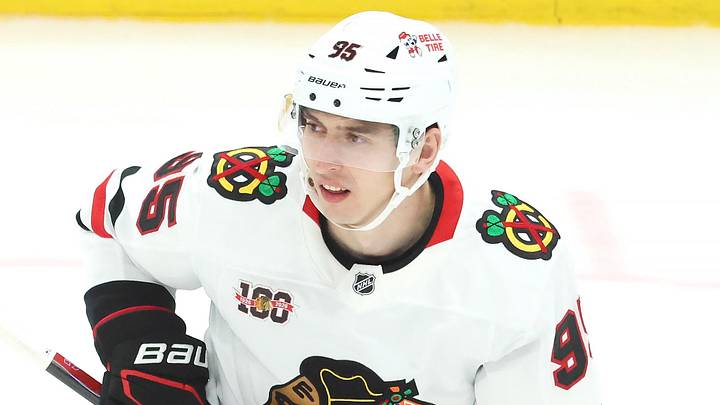 Jan 29, 2026; Pittsburgh, Pennsylvania, USA;  Chicago Blackhawks right wing Ilya Mikheyev (95) warms up against the Pittsburgh Penguins at PPG Paints Arena. Mandatory Credit: Charles LeClaire-Imagn Images