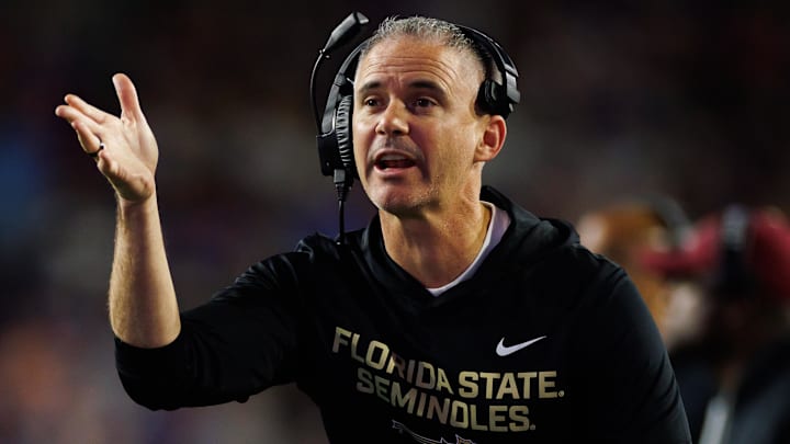Nov 29, 2025; Gainesville, Florida, USA; Florida State Seminoles head coach Mike Norvell gestures against the Florida Gators during the second half at Ben Hill Griffin Stadium. Mandatory Credit: Matt Pendleton-Imagn Images