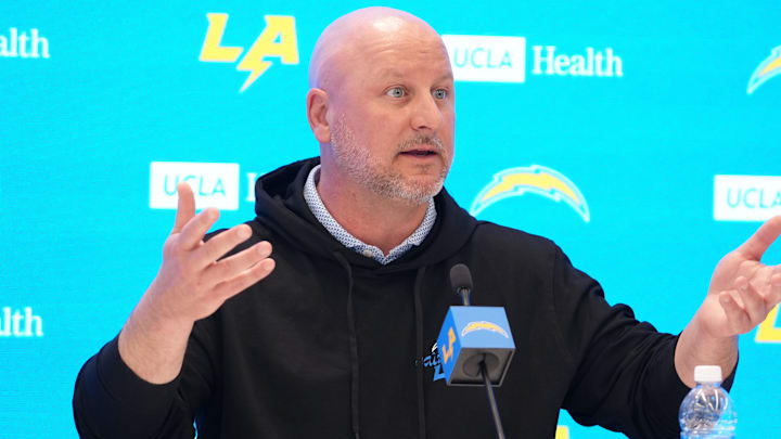 Apr 17, 2025; El Segundo, CA, USA; Los Angeles Chargers general manager Joe Hortiz at press conference at The Bolt. Mandatory Credit: Kirby Lee-Imagn Images