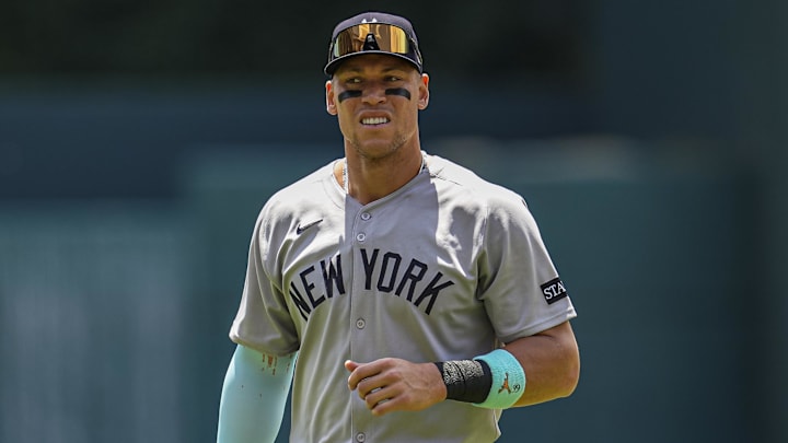 Jul 20, 2025; Cumberland, Georgia, USA; New York Yankees right fielder Aaron Judge (99) shown on the field prior to the game against the Atlanta Braves at Truist Park. Mandatory Credit: Dale Zanine-Imagn Images