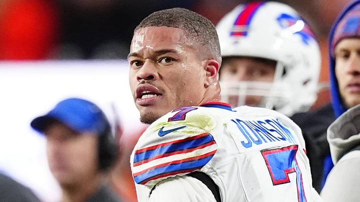 Cornerback Taron Johnson (7) reacts after a play during overtime of an AFC Divisional Round playoff game.
