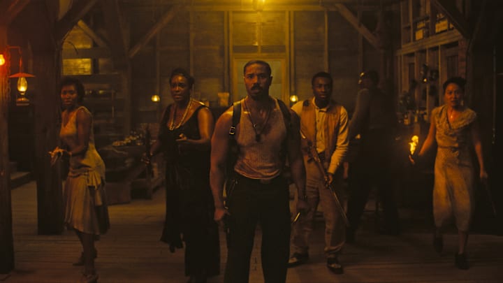(L-r) JAYME LAWSON as Pearline, WUNMI MOSAKU as Annie, MICHAEL B. JORDAN as Smoke, MILES CATON as Sammie Moore, and LI JUN LI as Grace Chow, in Warner Bros. Pictures’ “SINNERS,” a Warner Bros. Pictures release.