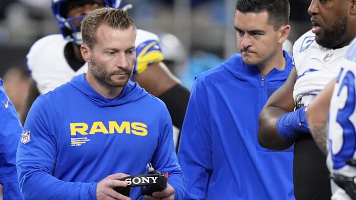 Jan 10, 2026; Charlotte, NC, USA; Los Angeles Rams head coach Sean McVay in the first half during the NFC Wild Card Round game at Bank of America Stadium. Mandatory Credit: Jim Dedmon-Imagn Images