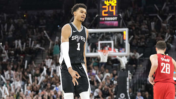 Oct 28, 2024; San Antonio, Texas, USA; San Antonio Spurs center Victor Wembanyama (1) gestures after making a three point basket during the second half against the Houston Rockets at Frost Bank Center. Mandatory Credit: Scott Wachter-Imagn Images