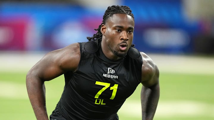 Mississippi defensive lineman Princely Umanmielen participates in drills during the 2025 NFL Combine.