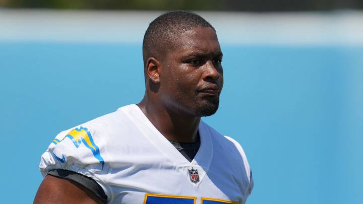 Jun 13, 2024; Costa Mesa, CA, USA; Los Angeles Chargers guard Zion Johnson (77) during minicamp at the Hoag Performance Center. Mandatory Credit: Kirby Lee-USA TODAY Sports