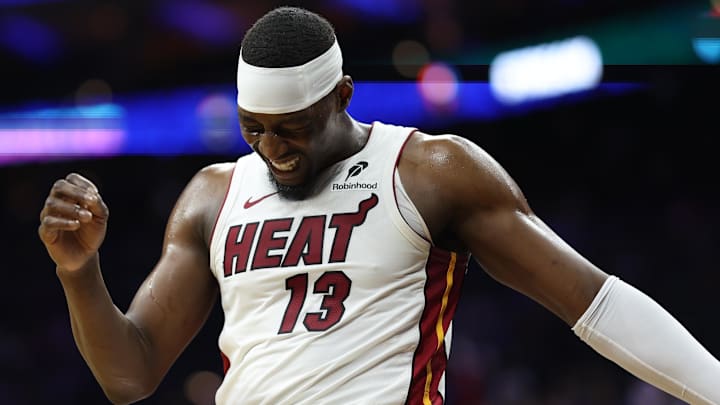 Miami Heat center Bam Adebayo (13) reacts (Mandatory Credit: Bill Streicher-Imagn Images)