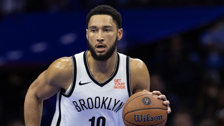 Nov 22, 2024; Philadelphia, Pennsylvania, USA; Brooklyn Nets guard Ben Simmons (10) dribbles the ball against the Philadelphia 76ers during the first quarter at Wells Fargo Center. Mandatory Credit: Bill Streicher-Imagn Images