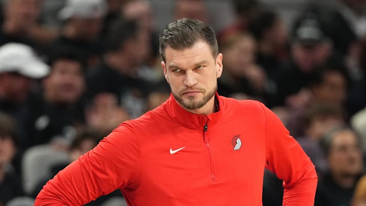Apr 21, 2026; San Antonio, Texas, USA; Portland Trail Blazers head coach Tiago Splitter during the second half of game two of the first round of the 2026 NBA Playoffs against the San Antonio Spurs at Frost Bank Center. Mandatory Credit: Scott Wachter-Imagn Images